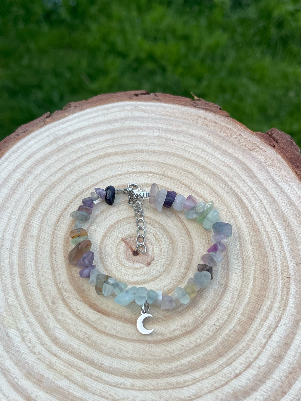 💖5 for $25😻Multicolor Fluorite Chip Bracelet with Crescent Charm - Women Jewelry
